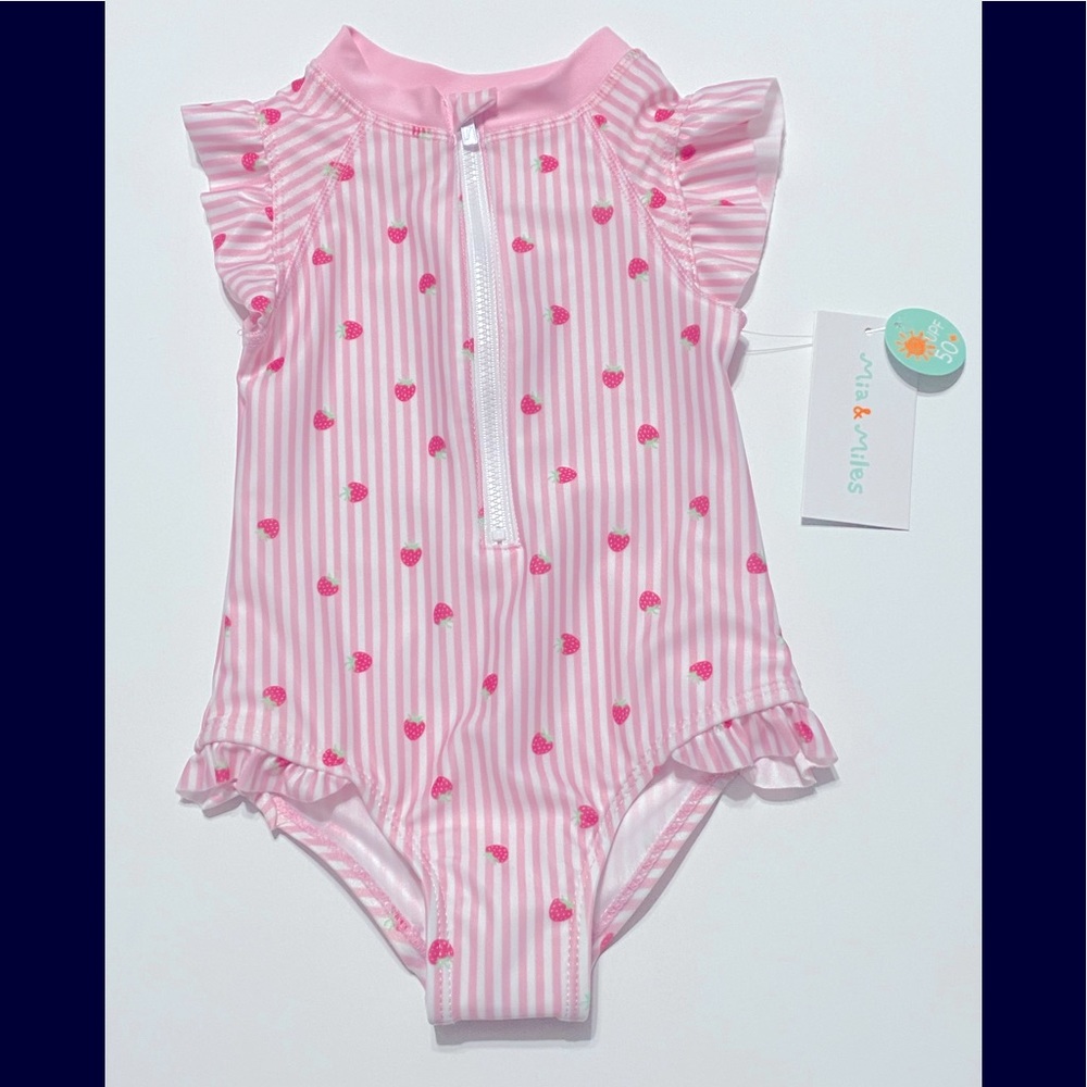 Mia & Miles Pink and White Striped Swimsuit with Strawberries Size 24 Months